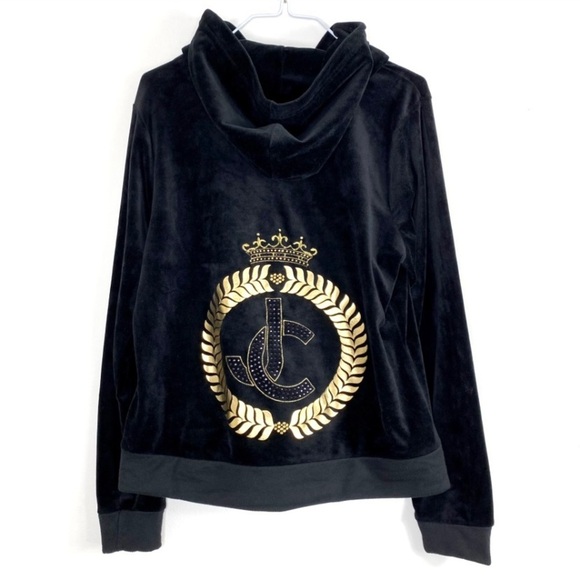JUICY Culture Rare Velour JC Rhinestone Gold logo Velvet Track Hood Jacket Black - Picture 3 of 9